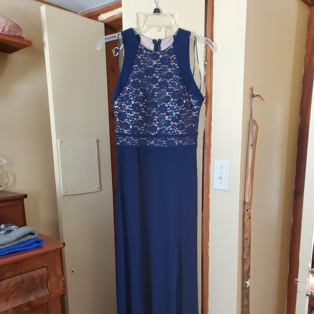NightWay long gown, Navy & Nude bodice with sequins, size 8